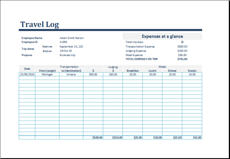 Customizable Travel Log Template For Excel Formal Word Throughout Best