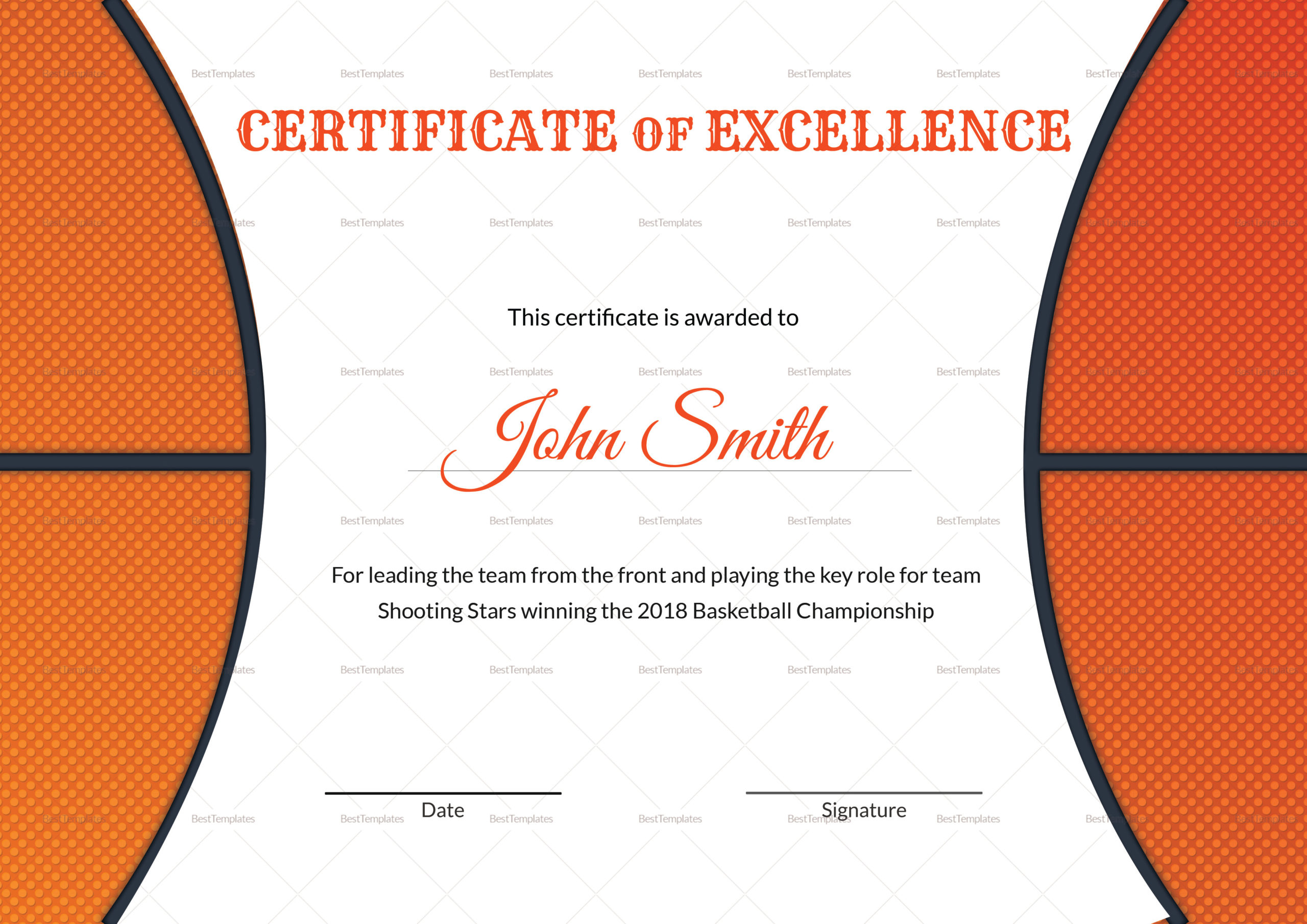 Basketball Excellence Award Certificate Design Template In Inside Free Basketball Certificate Template Free 13 Designs