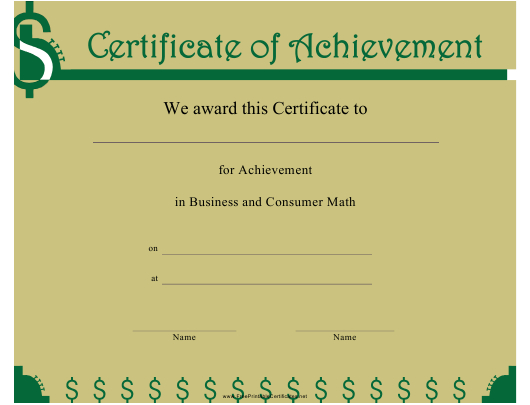 Business And Consumer Math Certificate Of Achievement Inside Math Achievement Certificate Printable