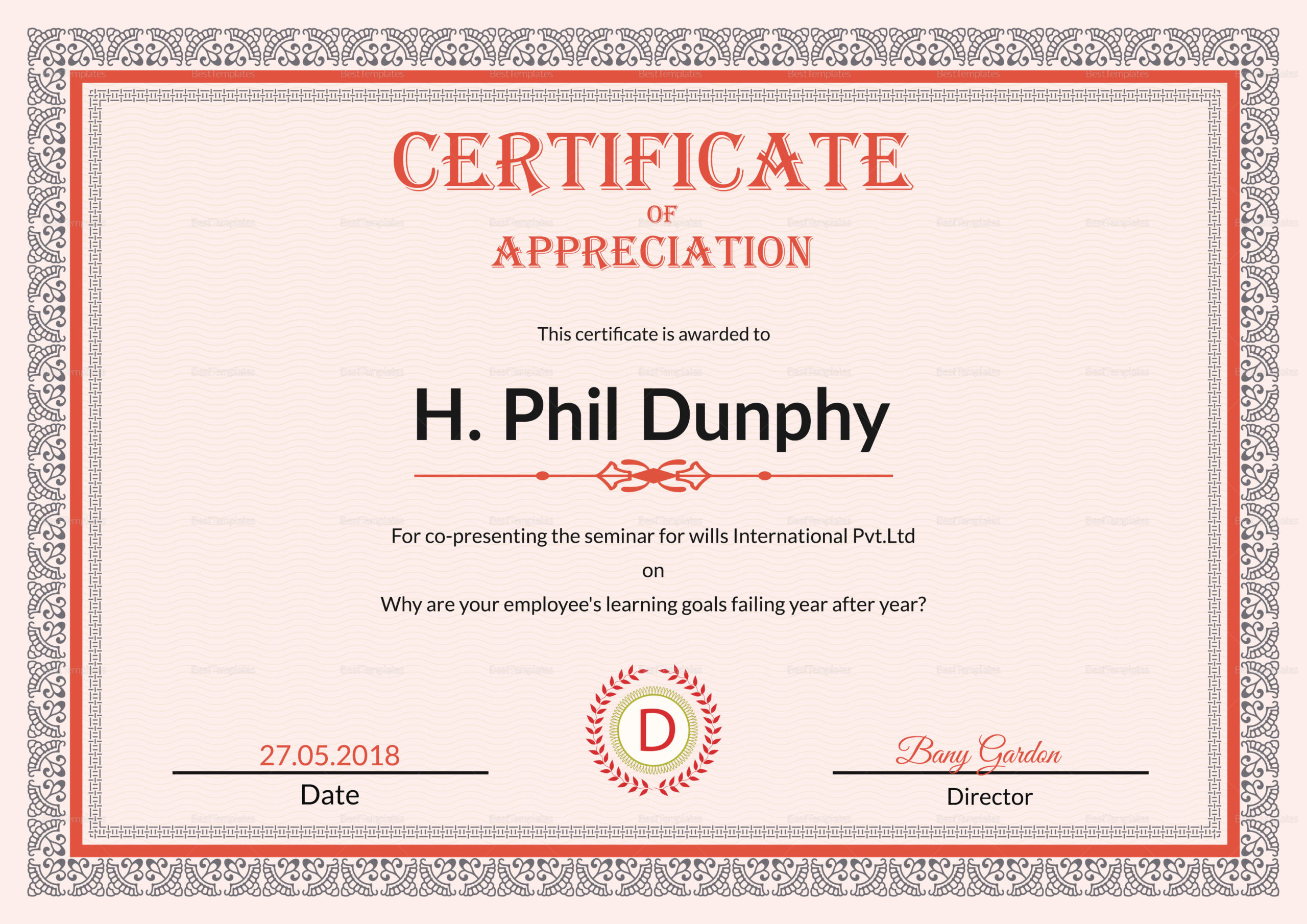 Certificate Of Appreciation Design Template In Psd Word With Free Certificate Of Appreciation Template Word