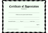 Certificate Of Appreciation Template Great Teacher Throughout Quality Teacher Appreciation Certificate Templates