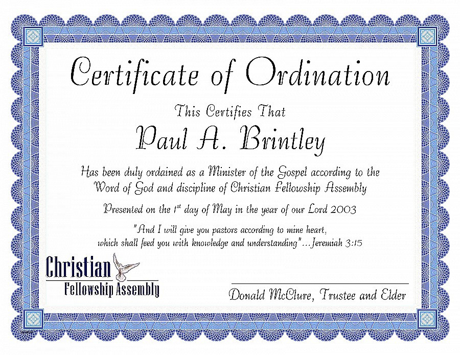 Certificate Of Ordination For Pastor Template Within Ordination Certificate Templates