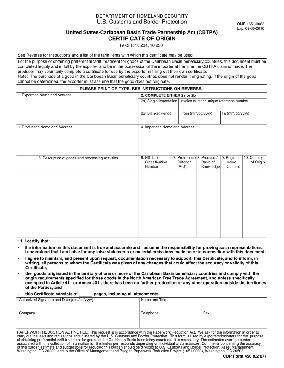 Certificate Of Origin Template Cbp 450 Fill Out Print Pertaining To Free Certificate Of Origin Template