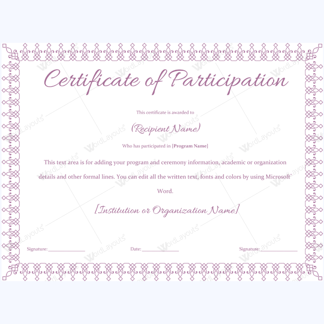 Certificate Of Participation 09 Word Layouts Regarding Free Certificate Of Participation Word Template