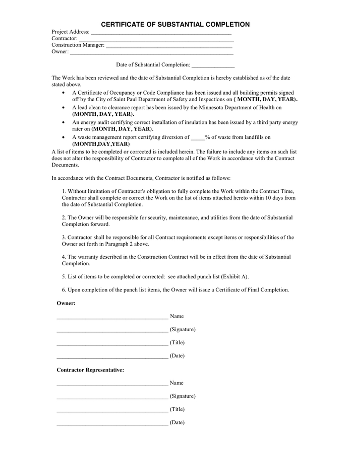 Certificate Of Substantial Completion In Word And Pdf Formats For Certificate Of Construction Completion