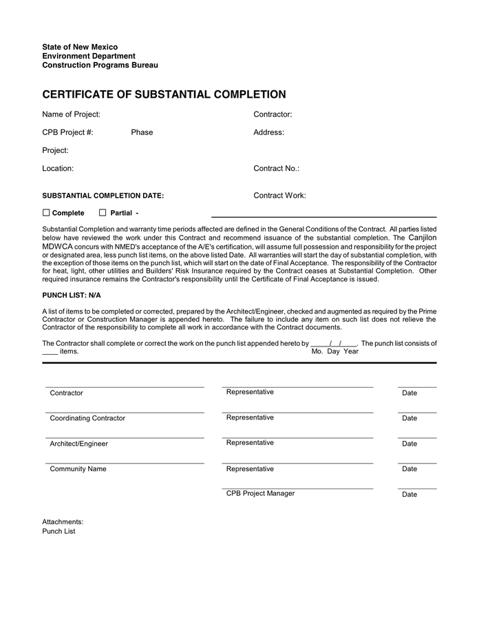 Certificate Of Substantial Completion In Word And Pdf Formats Regarding Free Certificate Of Substantial Completion Template
