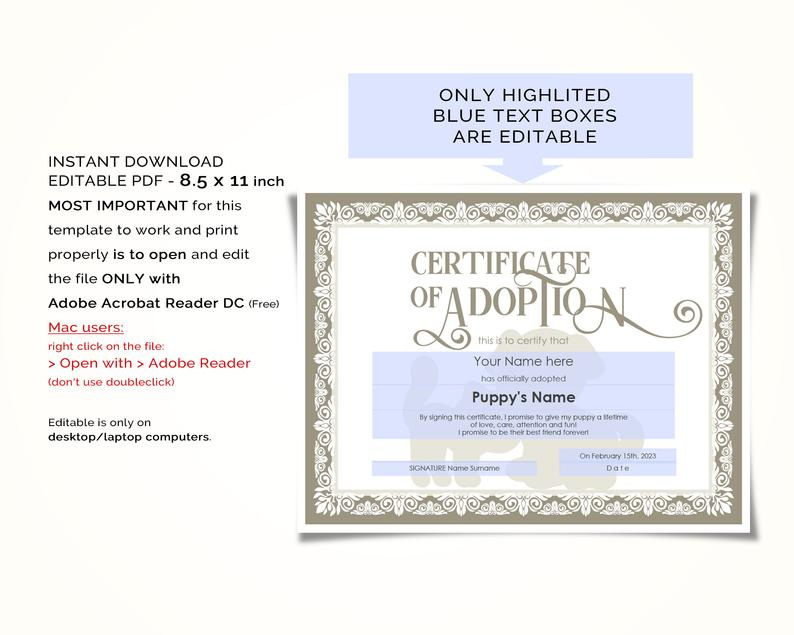 Editable Certificate Of Adoption Template Printable Pet Etsy For Awesome Pet Adoption Certificate Template
