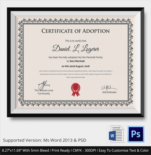 Free 23 Sample Adoption Certificates In Ai Indesign With Regard To Awesome Cat Adoption Certificate Template 9 Designs