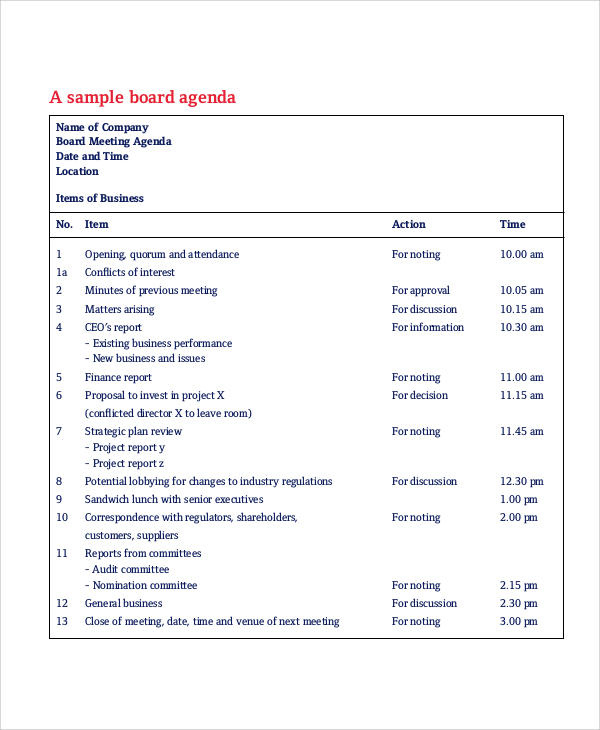 Free 40 Agenda Samples In Ms Word Pdf Within Quality Sample Agenda Template For Board Meeting