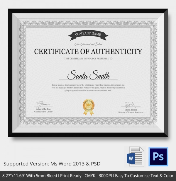 Free 45 Sample Certificate Of Authenticity Templates In With Free Certificate Of Authenticity Template