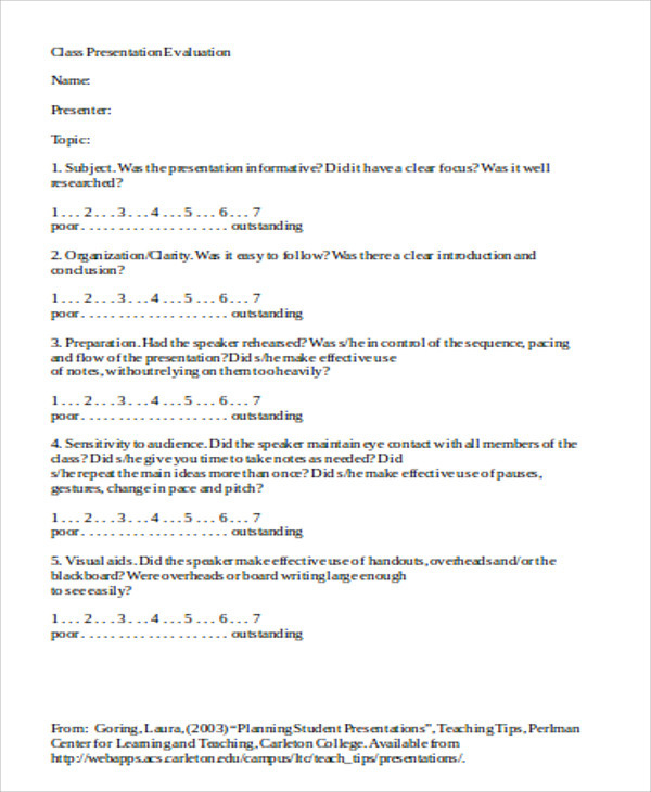 Free 9 Sample Presentation Evaluation Forms In Ms Word For Presentation Evaluation Form Templates