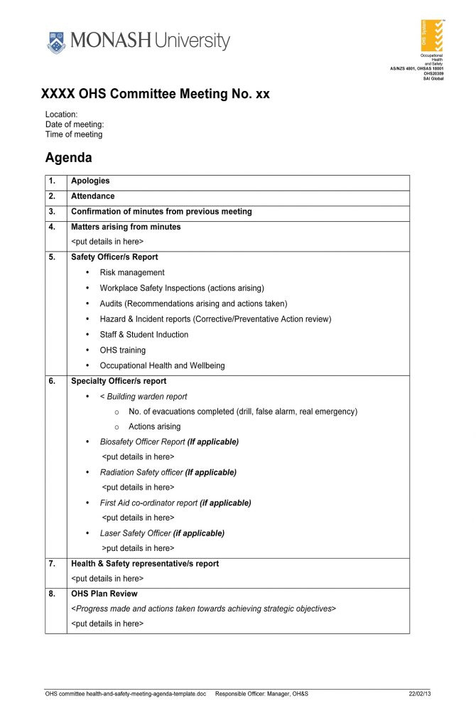 Health And Safety Meeting Agenda Template Pdf Pdf Format Throughout Printable Safety Committee Agenda Template