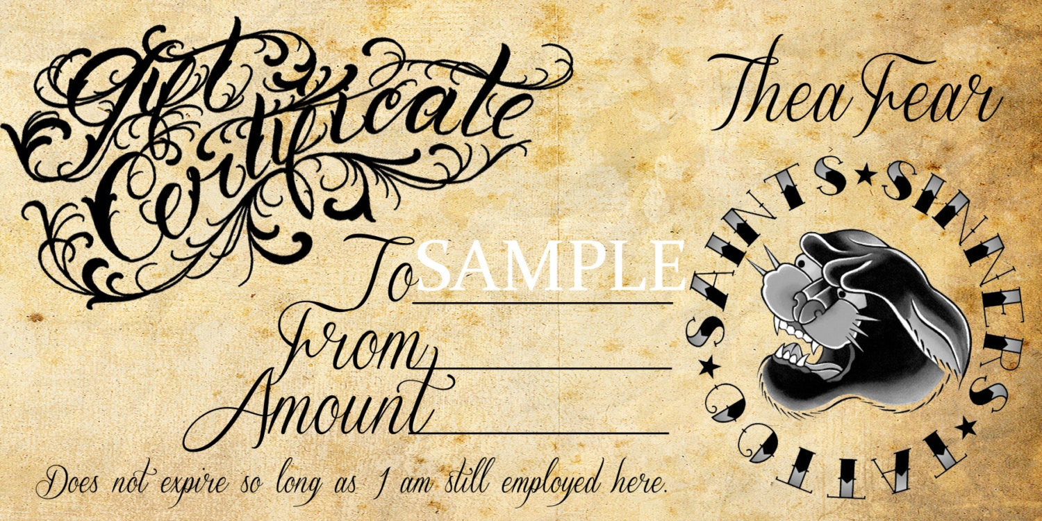 Items Similar To Tattoo Gift Certificate Thea Fear On Etsy In Awesome Tattoo Gift Certificate Template