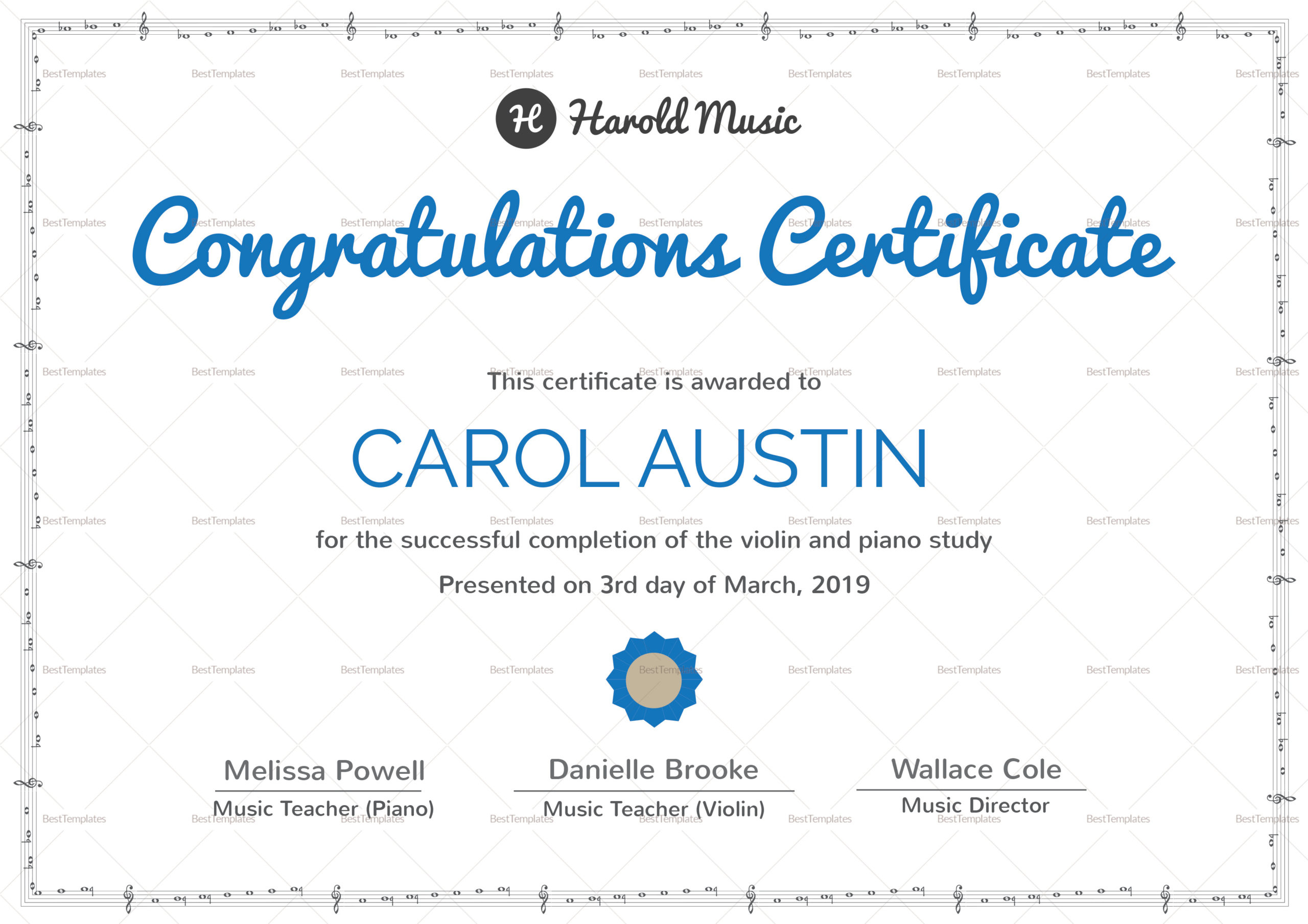 Music Training Completion Certificate Design Template In With Free Class Completion Certificate Template