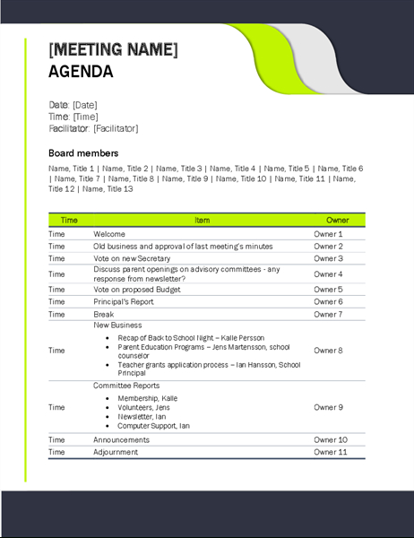 Non Profit Board Of Directors Meeting Agenda Template With Printable Board Of Directors Agenda Template