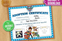 Paw Patrol Adoption Certificate Instantcolorandprints Within Free Dog Adoption Certificate Editable Templates