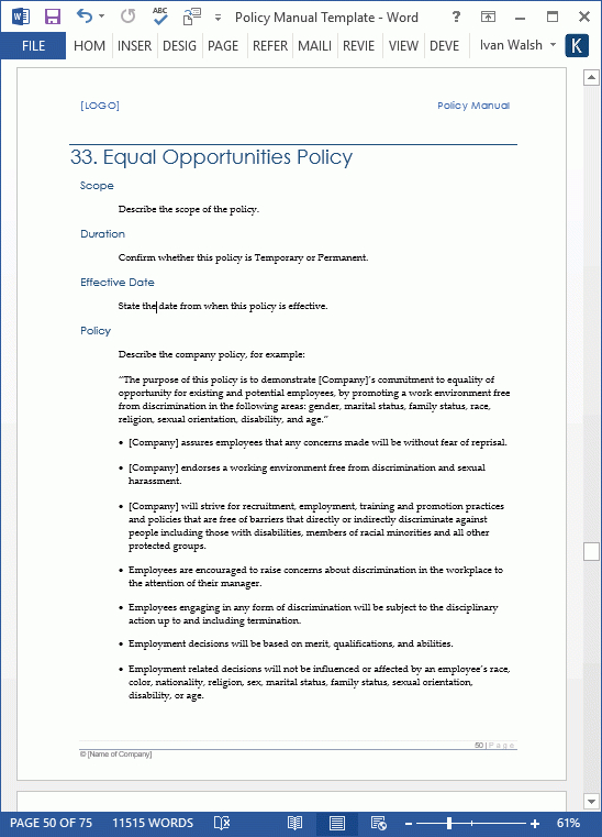 Policy Manual Template Ms Word Templates Forms With Policies And Procedures Template For Small Business