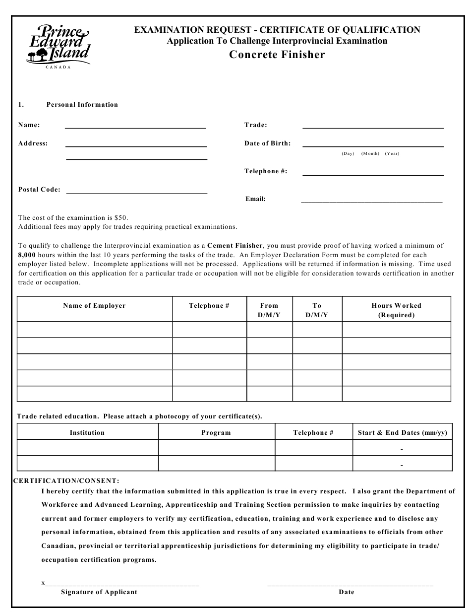 Prince Edward Island Canada Concrete Finisher Application Within Finisher Certificate Template