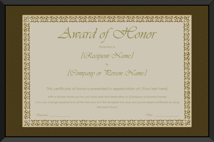 Printable Award Of Honor Certificate Template For Word Within Honor Certificate Template Word 7 Designs Free