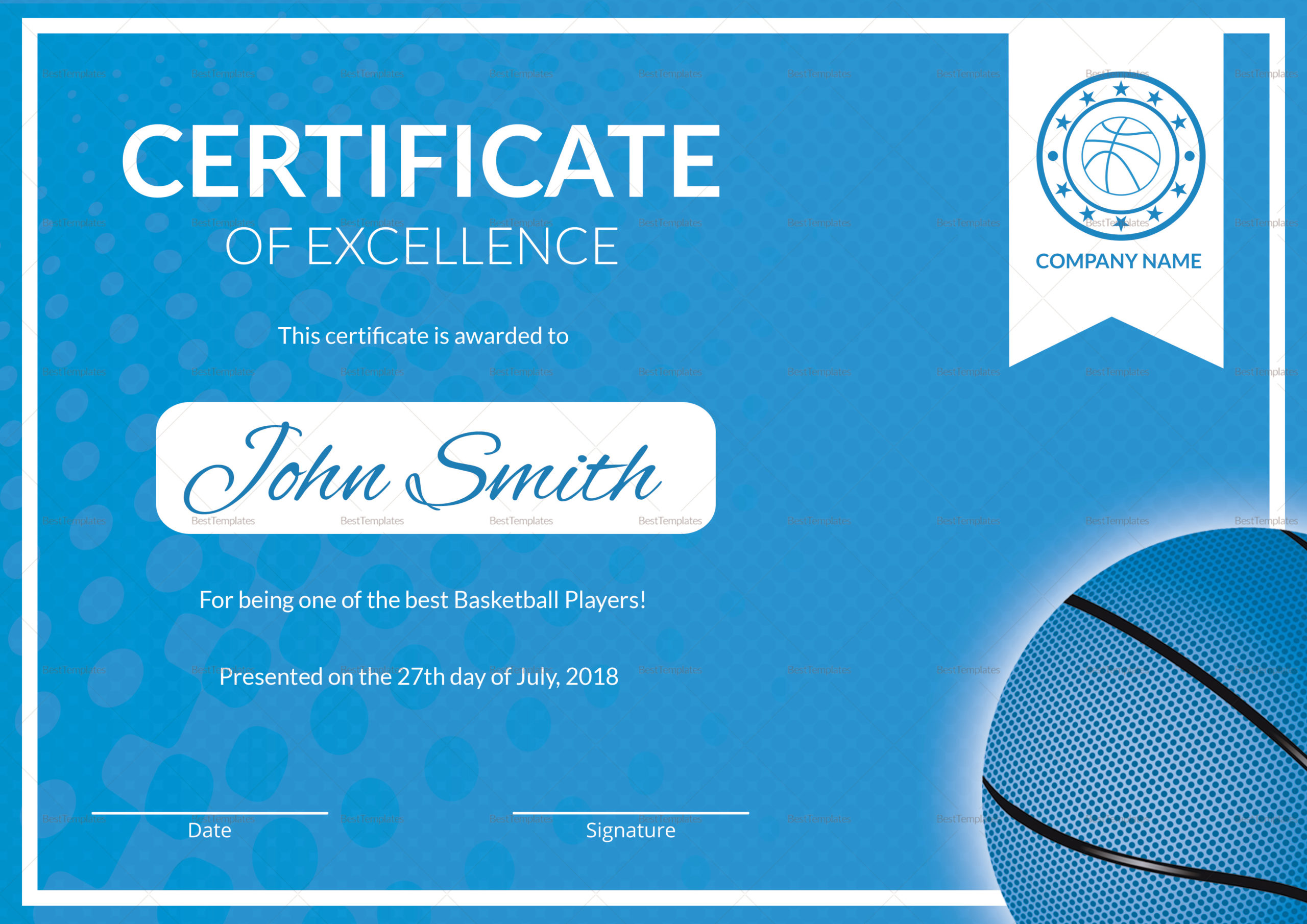Printable Basketball Excellence Certificate Design Within Basketball Certificate Template
