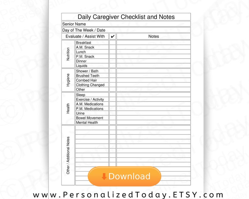 Printable Elder Care Daily Caregiver Log Pdf Digital Inside Home Health Care Daily Log Template