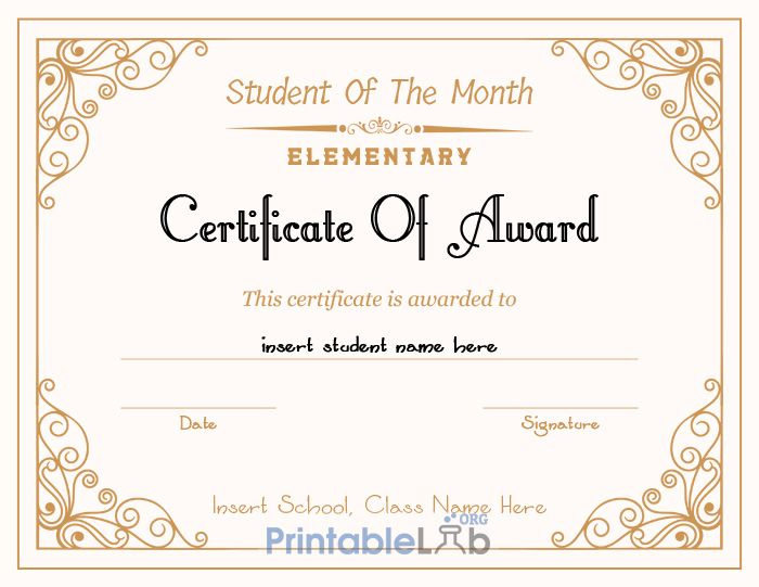 Printable Student Of The Month Award Elementary With Best Free Printable Student Of The Month Certificate Templates