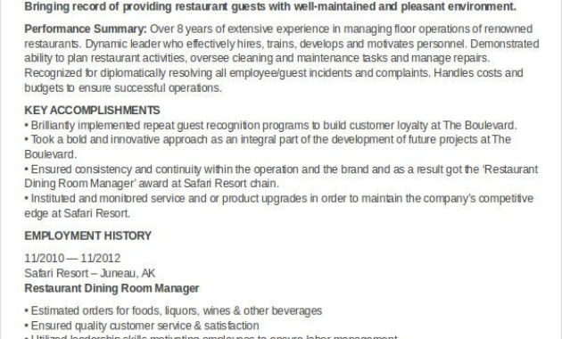 Restaurant Resume 14 Free Word Pdf Documents Download Throughout Quality Restaurant Managers Log Template
