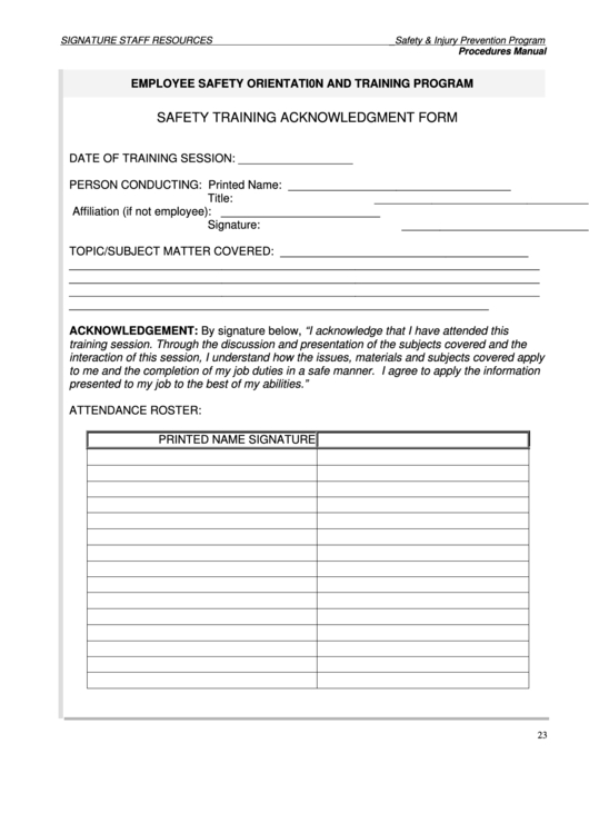 Safety Training Acknowledgment Form Printable Pdf Download With Regard To Printable Fall Protection Certification Template