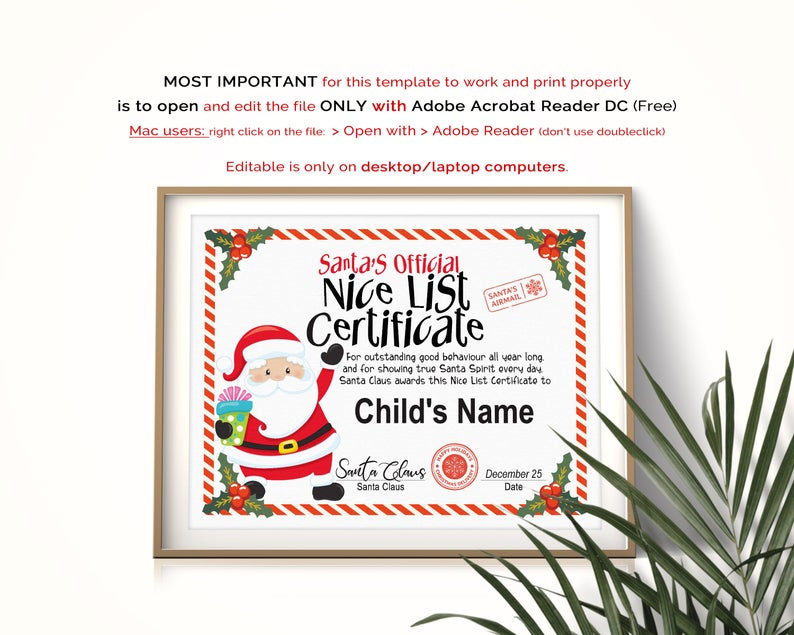 Santa&amp;#039;S Nice List Editable Certificate Template Etsy Throughout Best Santas Nice List Certificate Template Free