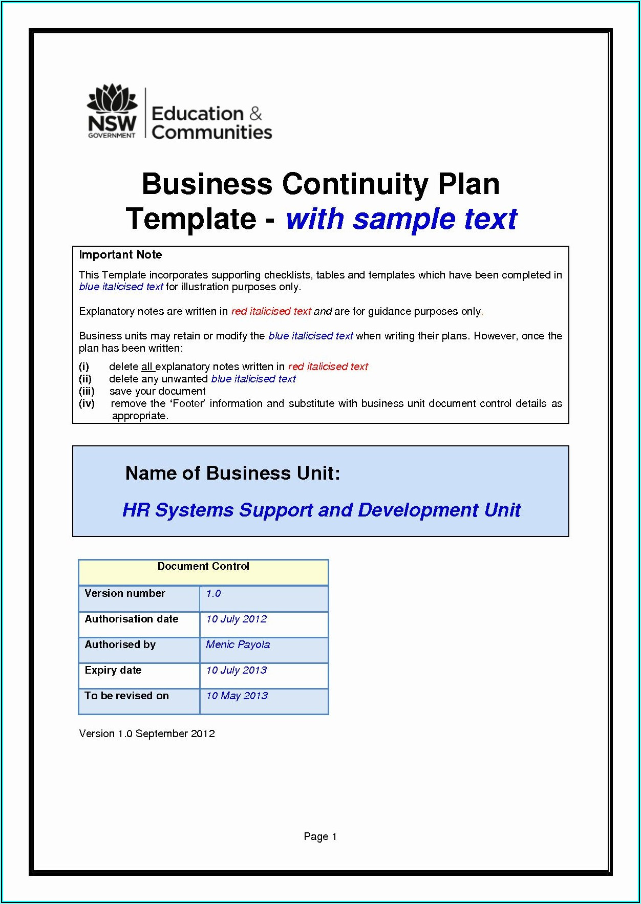 Business Continuity Plan Template Australia Launcheffecthouston