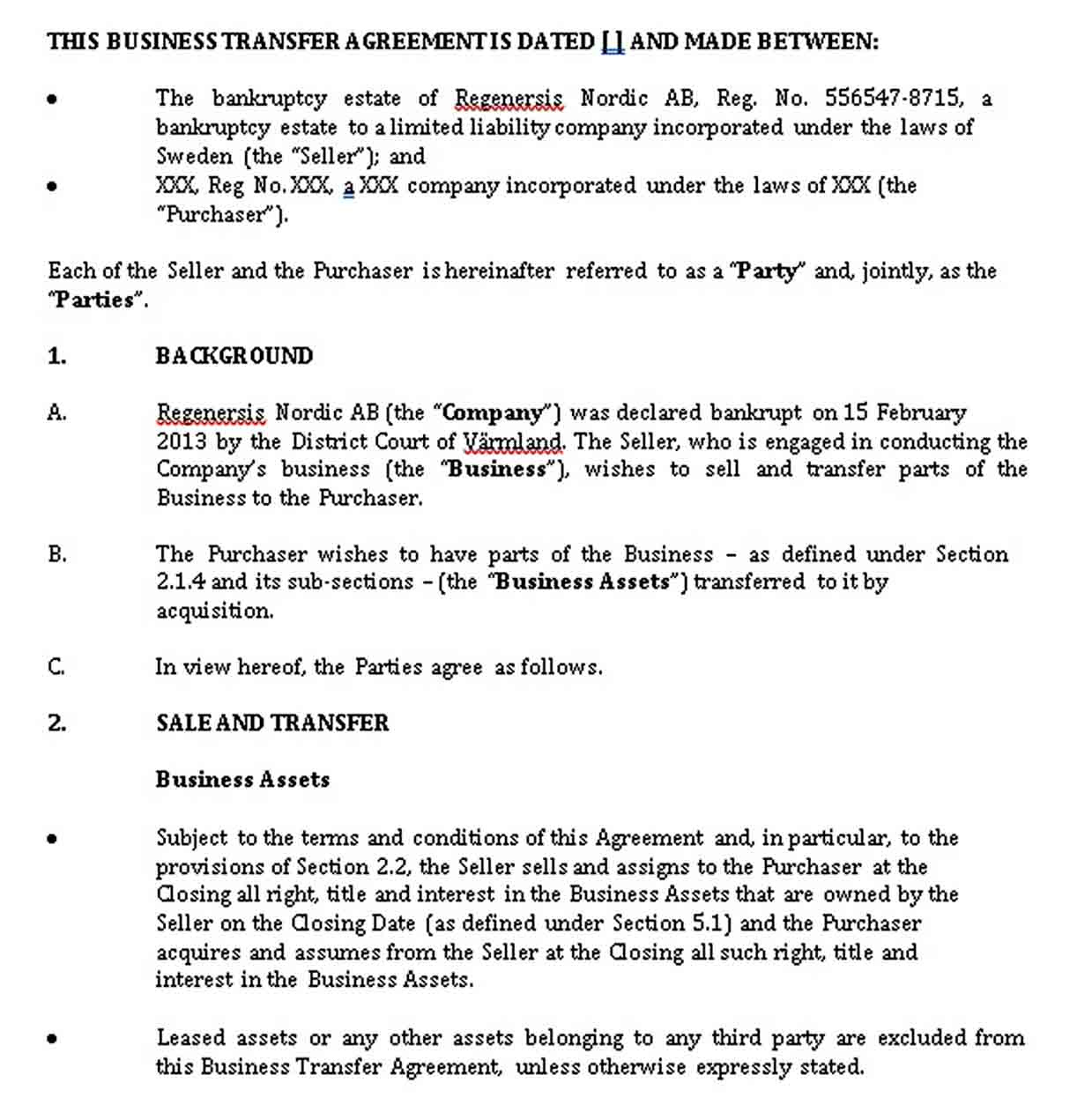 Transfer Agreement Templates Pitsel With Regard To Free Business Transfer Agreement Template