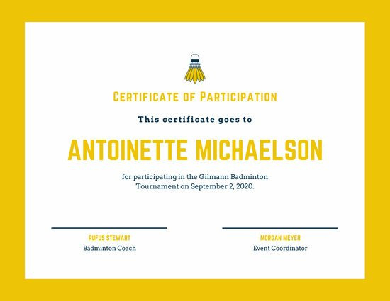 Yellow Badminton Icon Sport Certificate Templatescanva Regarding Printable Badminton Certificate Template