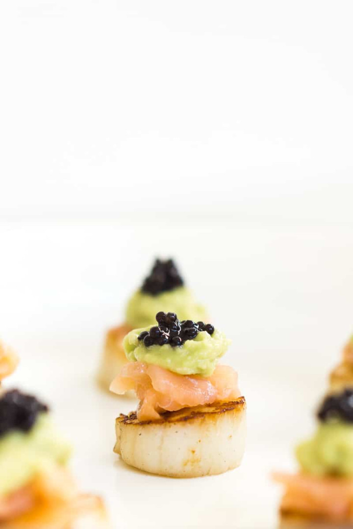 Seared Scallops with Avocado, Smoked Salmon and Caviar - Eight